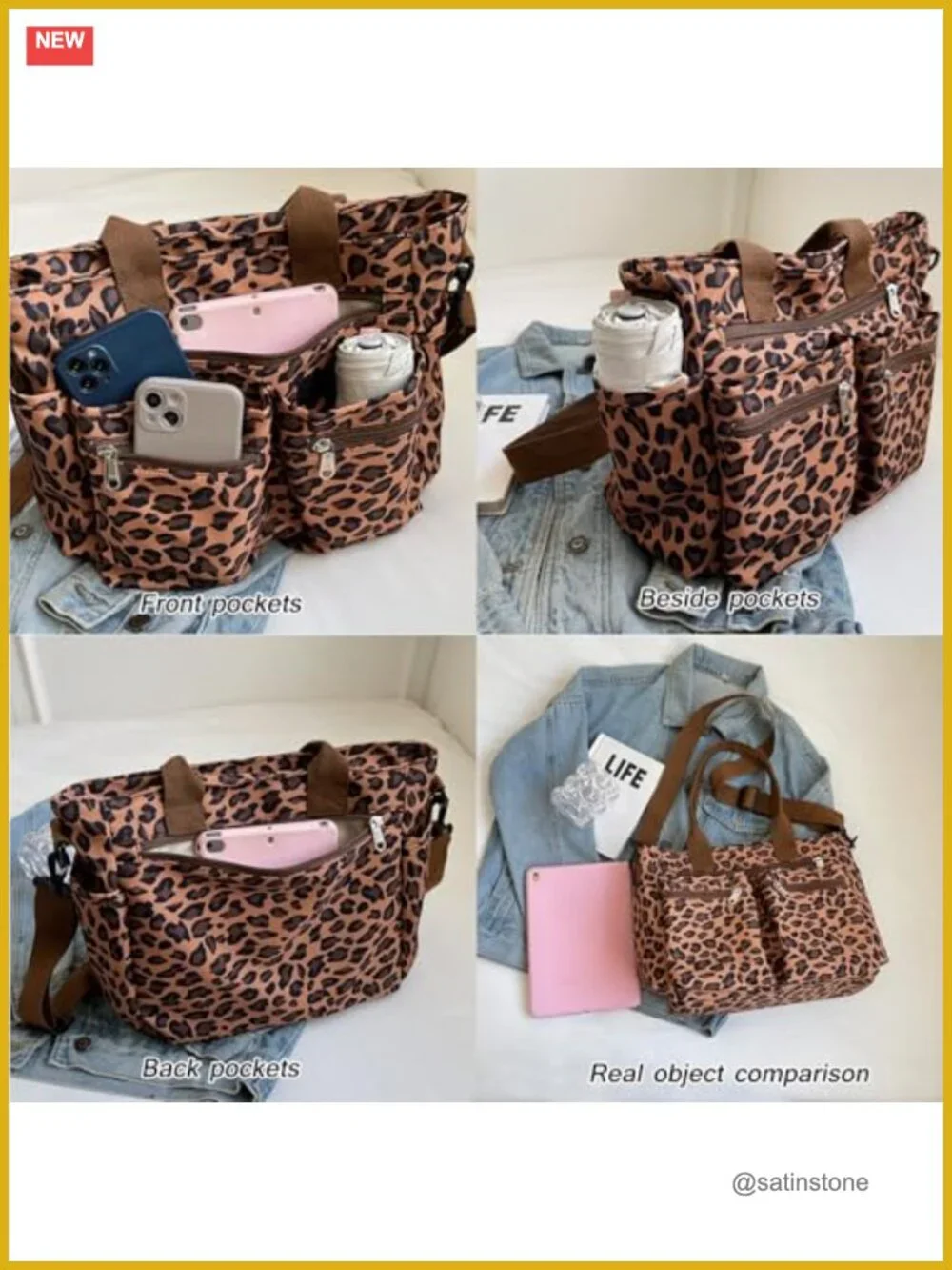 Canvas Tote Bag for Women Leopard Print Shoulder Bag with Pockets